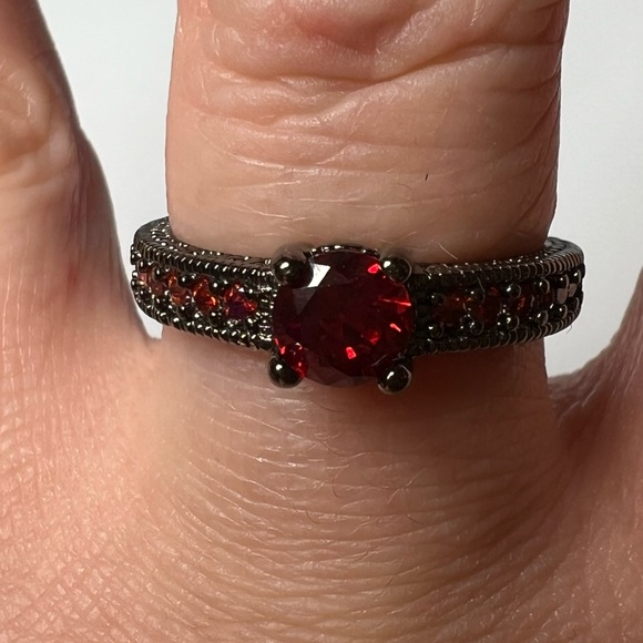 Ruby Simulant Black Marcasite Ring, Size 8 - Picture 1 of 3
